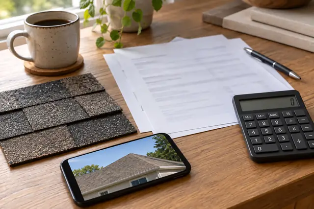 Illustrative estimate paperwork, calculator and roof photo.