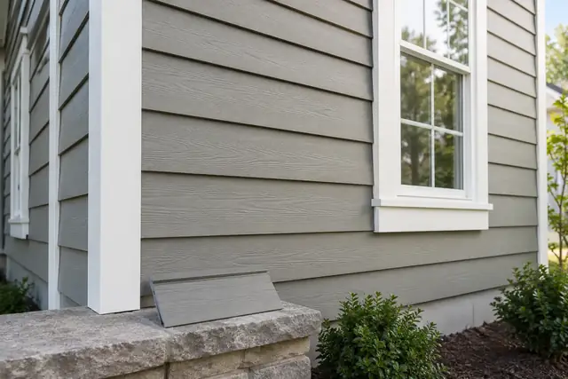 Horizontal house siding with window trim.