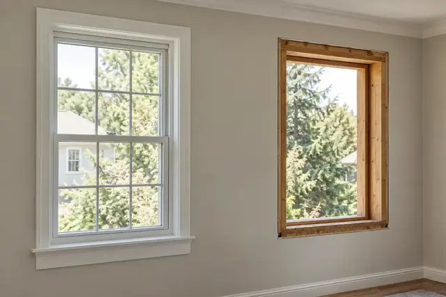 Finished divided-pane window beside an unfinished opening.